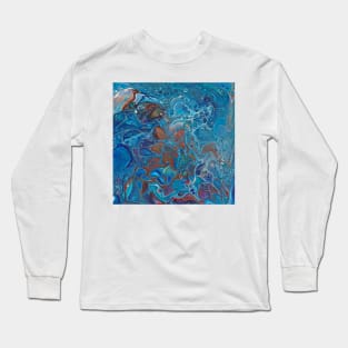 Paint pouring blue rust sienna mixed media Long Sleeve T-Shirt